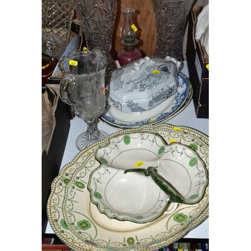 287 - FOUR BOXES AND LOOSE CERAMICS AND GLASSWARES, to include twin handled etched glass 'Celery' vase, tw... 