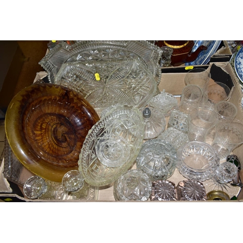 287 - FOUR BOXES AND LOOSE CERAMICS AND GLASSWARES, to include twin handled etched glass 'Celery' vase, tw... 