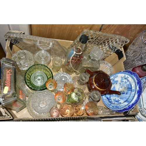 287 - FOUR BOXES AND LOOSE CERAMICS AND GLASSWARES, to include twin handled etched glass 'Celery' vase, tw... 