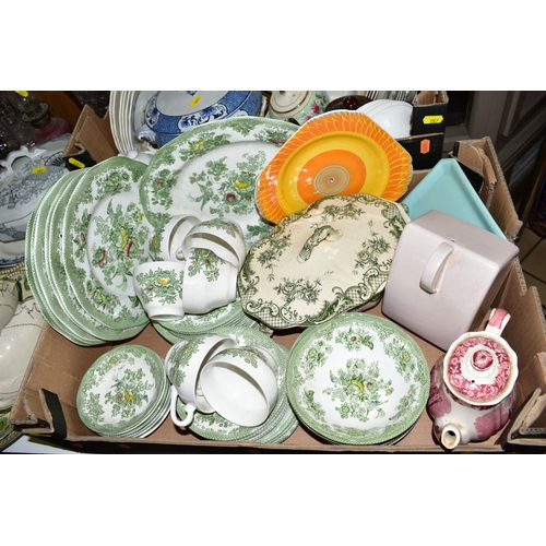 287 - FOUR BOXES AND LOOSE CERAMICS AND GLASSWARES, to include twin handled etched glass 'Celery' vase, tw... 