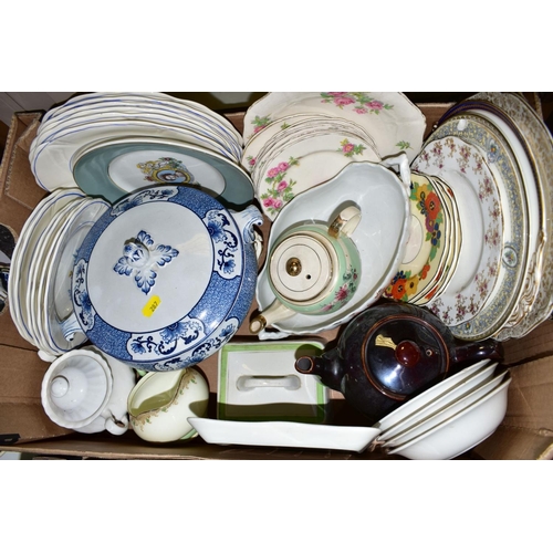 287 - FOUR BOXES AND LOOSE CERAMICS AND GLASSWARES, to include twin handled etched glass 'Celery' vase, tw... 