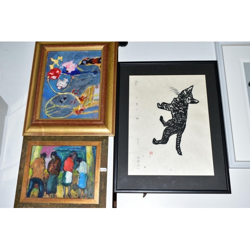 289 - PAINTINGS AND PRINTS, to include a Satako Hirano (Japan 1947) wood block print of a black cat, signe... 