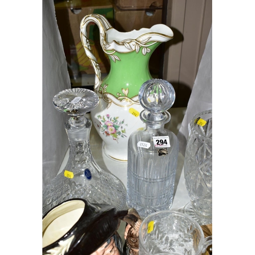 294 - VARIOUS CERAMICS AND GLASSWARE, to include cut glass Wedgwood decanter, Royal Doulton ships decanter... 