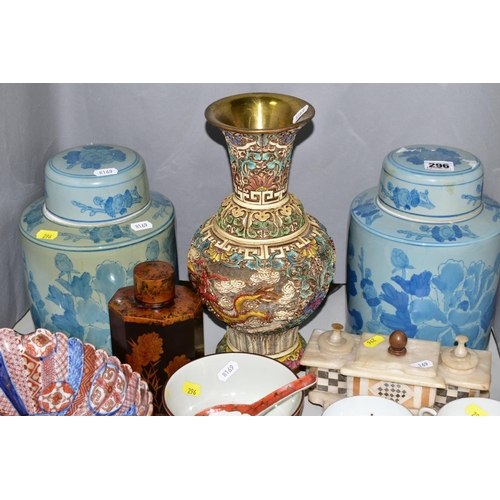 296 - A GROUP OF ORIENTAL AND OTHER CERAMICS AND OTHER SUNDRY ITEMS, to include a pair of modern cylindric... 