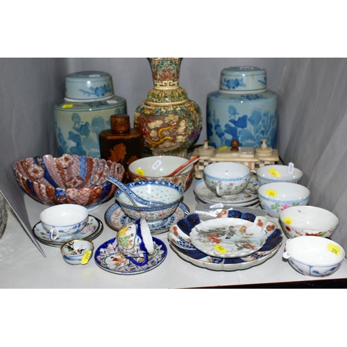 296 - A GROUP OF ORIENTAL AND OTHER CERAMICS AND OTHER SUNDRY ITEMS, to include a pair of modern cylindric... 