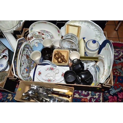 298 - SIX BOXES AND LOOSE CERAMICS, GLASSWARES, PICTURES, STAINLESS STEEL, CUTLERY, etc, to include three ... 