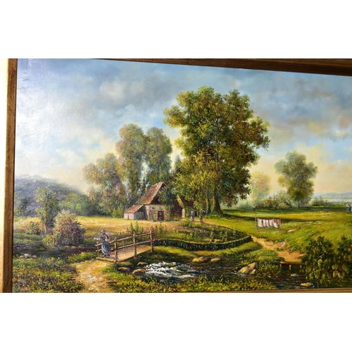 300 - J RICHARDSON (CONTEMPORARY), a rural landscape with figures beside a dwelling, painted in a late 18t... 