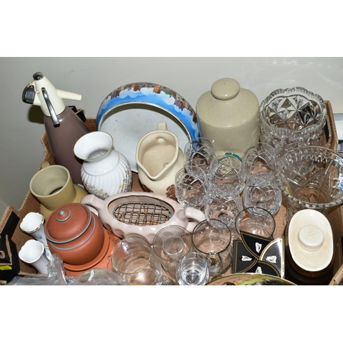 301 - FIVE BOXES AND LOOSE CERAMICS, GLASS, RECORDS etc, to include Bridgwood 'Basket' wash set (jug, bowl... 