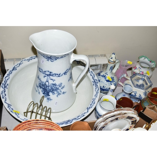 301 - FIVE BOXES AND LOOSE CERAMICS, GLASS, RECORDS etc, to include Bridgwood 'Basket' wash set (jug, bowl... 