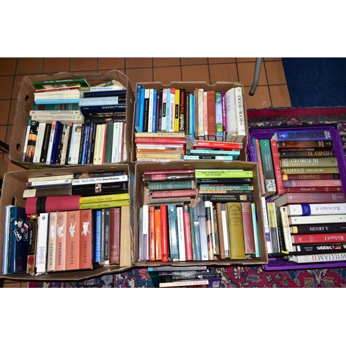 302 - FIVE BOXES OF BOOKS, to include History, a boxed set of four 'Greek Tragedies', etc