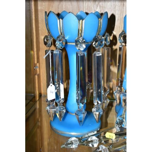 314 - A BLUE GLASS TABLE LUSTRE, together with a broken example, height approximately 28cm, to also includ... 