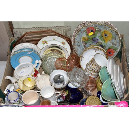 319 - TWO BOXES AND LOOSE CERAMICS AND GLASS, etc, to include Royal Doulton blue Jasper, three cups and sa... 