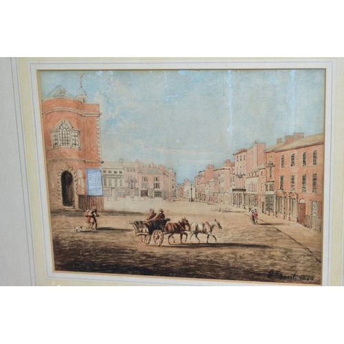 324 - FOLLOWER OF SAMUEL PROUT (1783-1852) 'The Market Place, Leicester', watercolour, signed and dated 18... 