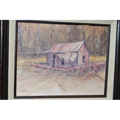 328 - D M RAMSEY (1925-2009) a ramshackle wooden hut before tall undergrowth, signed bottom left, acrylic ... 