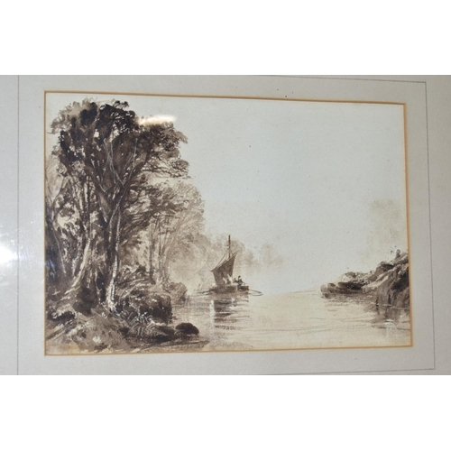 331 - ATTRIBUTED TO GEORGE SHEFFIELD, misty river scene, sepia watercolour, bears exhibition loan label an... 