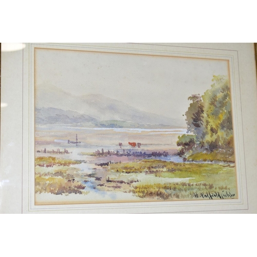 331 - ATTRIBUTED TO GEORGE SHEFFIELD, misty river scene, sepia watercolour, bears exhibition loan label an... 