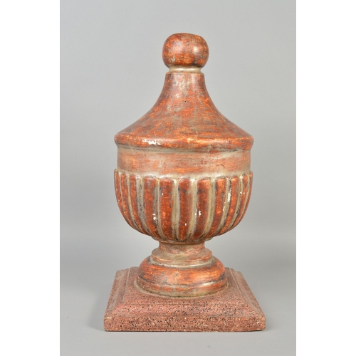 1382 - A 19TH CENTURY PAINTED GESSO FINIAL, the carved wooden urn shaped finial on a circular foot painted ... 