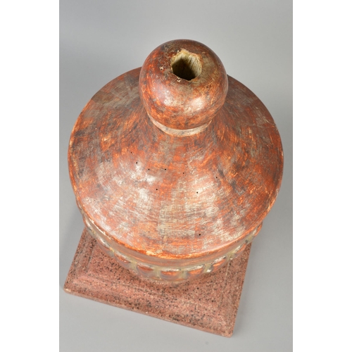 1382 - A 19TH CENTURY PAINTED GESSO FINIAL, the carved wooden urn shaped finial on a circular foot painted ... 