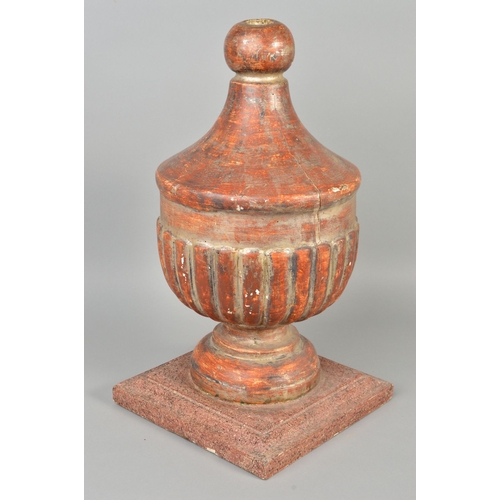 1382 - A 19TH CENTURY PAINTED GESSO FINIAL, the carved wooden urn shaped finial on a circular foot painted ... 