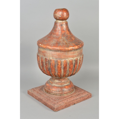 1382 - A 19TH CENTURY PAINTED GESSO FINIAL, the carved wooden urn shaped finial on a circular foot painted ... 