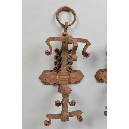 1383 - A LATE 19TH/EARLY 20TH CENTURY WROUGHT IRON TORCH BRACKET, worn painted finish, height approximately... 