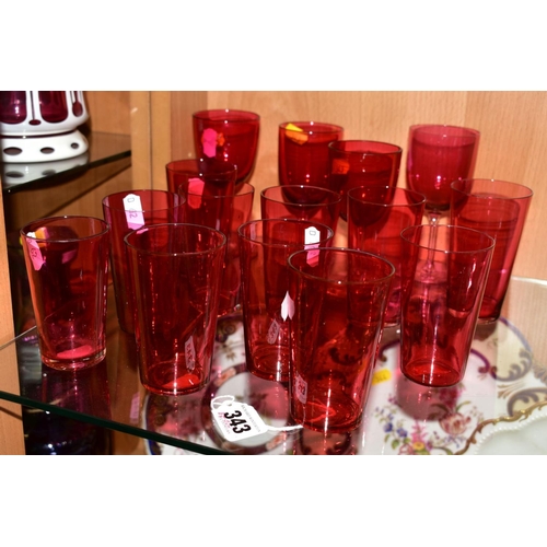 343 - A GROUP OF CRANBERRY GLASSES, to include four wines and eleven beakers (15)