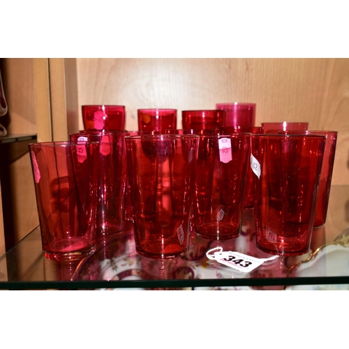 343 - A GROUP OF CRANBERRY GLASSES, to include four wines and eleven beakers (15)