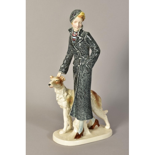 346 - A GERMAN ART DECO STYLE PORCELAIN FIGURE GROUP, of a lady with Borzoi dog, impressed No.184I and sta... 