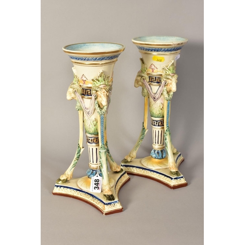 348 - A PAIR OF CONTINENTAL MAJOLICA HUGO LONITZ VASES, of trumpet form having Rams head masks supported o... 