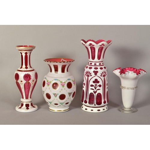 351 - THREE BOHEMIAN OVERLAY GLASS VASES, one with painted floral details, height 20.5cm, another with gil... 