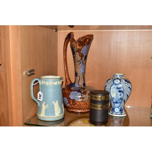 353 - A VICTORIAN TUNSTALL CERAMIC JASPERWARE JUG, height 17cm, together with a Wedgwood black basalt cove... 