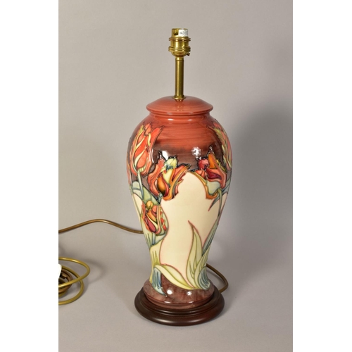 357 - A MOORCROFT POTTERY 'RED TULIP' LAMP BASE, design by Sally Tuffin, height 34cm (not including fittin... 