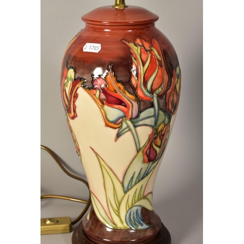 357 - A MOORCROFT POTTERY 'RED TULIP' LAMP BASE, design by Sally Tuffin, height 34cm (not including fittin... 