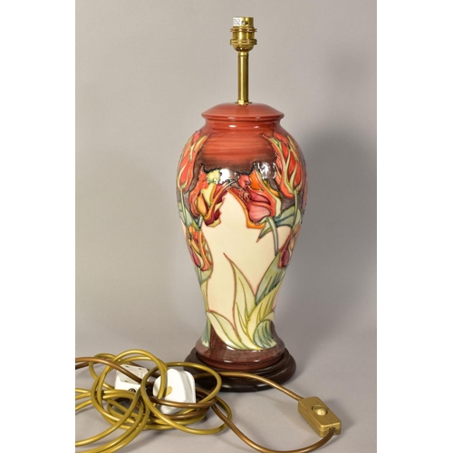 357 - A MOORCROFT POTTERY 'RED TULIP' LAMP BASE, design by Sally Tuffin, height 34cm (not including fittin... 