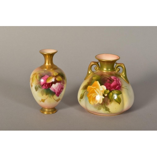 366 - TWO SMALL ROYAL WORCESTER VASES, handpainted with roses on blush ground, the quarter lobed twin hand... 