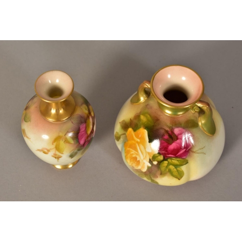 366 - TWO SMALL ROYAL WORCESTER VASES, handpainted with roses on blush ground, the quarter lobed twin hand... 