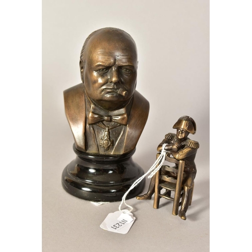 367 - A MODERN BRONZED BUST OF CHURCHILL, on a ceramic base, height 15cm, together with a small cast seate... 