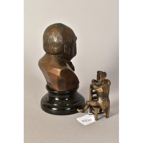 367 - A MODERN BRONZED BUST OF CHURCHILL, on a ceramic base, height 15cm, together with a small cast seate... 