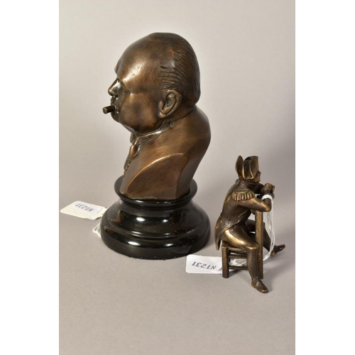 367 - A MODERN BRONZED BUST OF CHURCHILL, on a ceramic base, height 15cm, together with a small cast seate... 