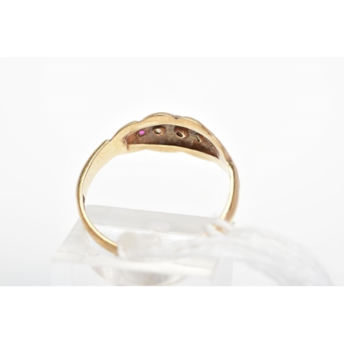 37 - A 9CT GOLD RUBY AND PASTE BOAT RING, designed as a graduated line of circular rubies and colourless ... 