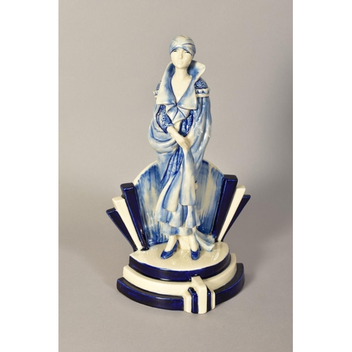 370 - AN ART DECO STYLE BLUE AND WHITE CERAMIC SCULPTURE BY PEGGY DAVIES, height 28cm