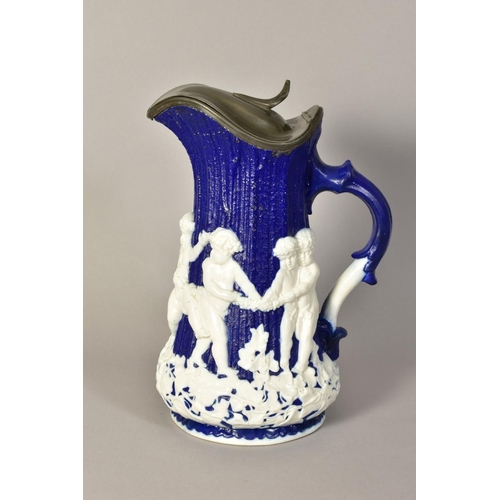 378 - A LARGE MINTON BLUE PARIAN JUG, with pewter lid and moulded with cherubs and ivy, height 30cm (compl... 