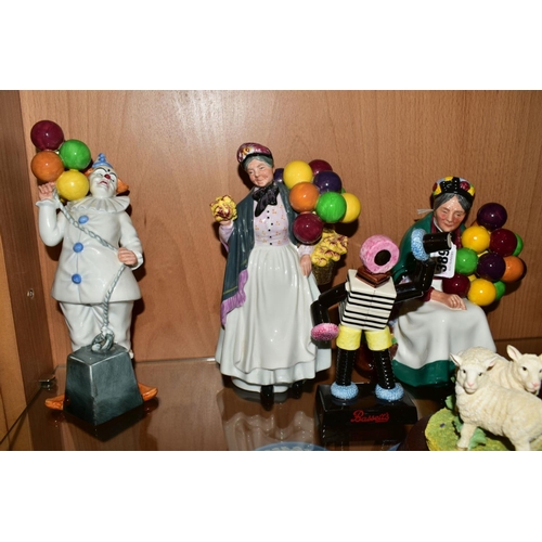 389 - A GROUP OF CERAMICS, comprising three Royal Doulton figures 'The Old Balloon Seller' HN1315, 'Biddy ... 