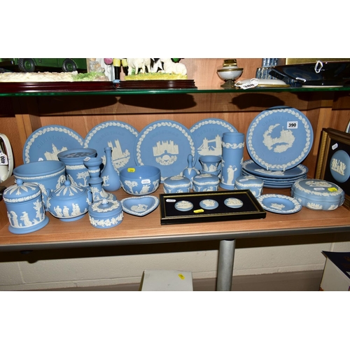 390 - A GROUP OF WEDGWOOD JASPERWARES, to include Christmas plates 1969 to 1978, two mounted and framed me... 