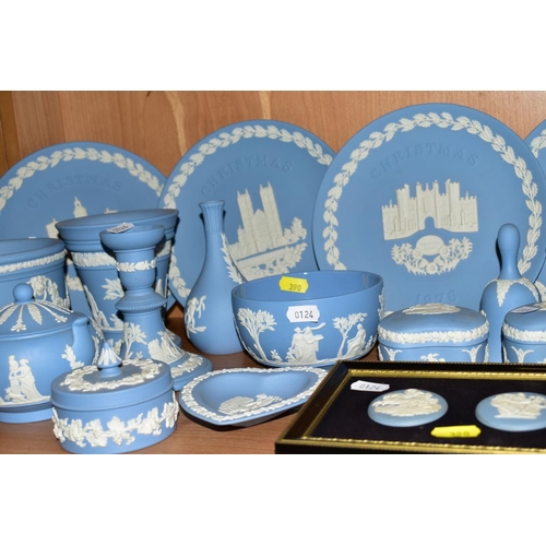 390 - A GROUP OF WEDGWOOD JASPERWARES, to include Christmas plates 1969 to 1978, two mounted and framed me... 