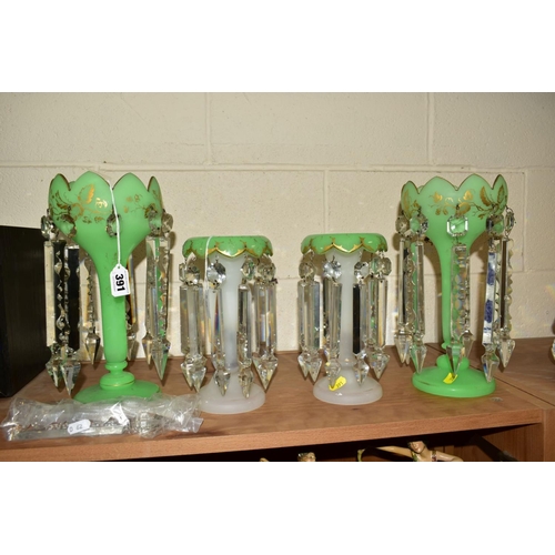 391 - A PAIR OF VICTORIAN GREEN SATIN GLASS LUSTRES, having gilt foliage detailing and facet cut droppers,... 