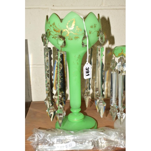 391 - A PAIR OF VICTORIAN GREEN SATIN GLASS LUSTRES, having gilt foliage detailing and facet cut droppers,... 