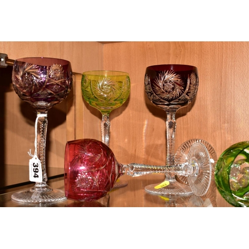 394 - A SET OF FIVE HARLEQUIN HOCK GLASSES, (5)