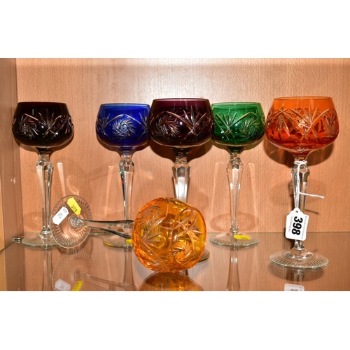 398 - A SET OF SIX HARLEQUIN HOCK GLASSSES, (6)