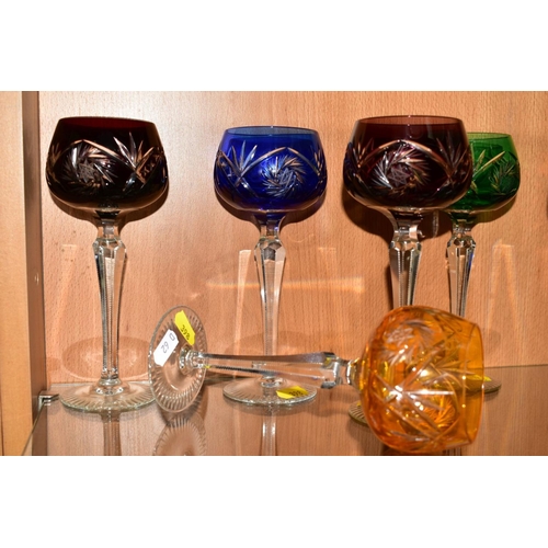 398 - A SET OF SIX HARLEQUIN HOCK GLASSSES, (6)